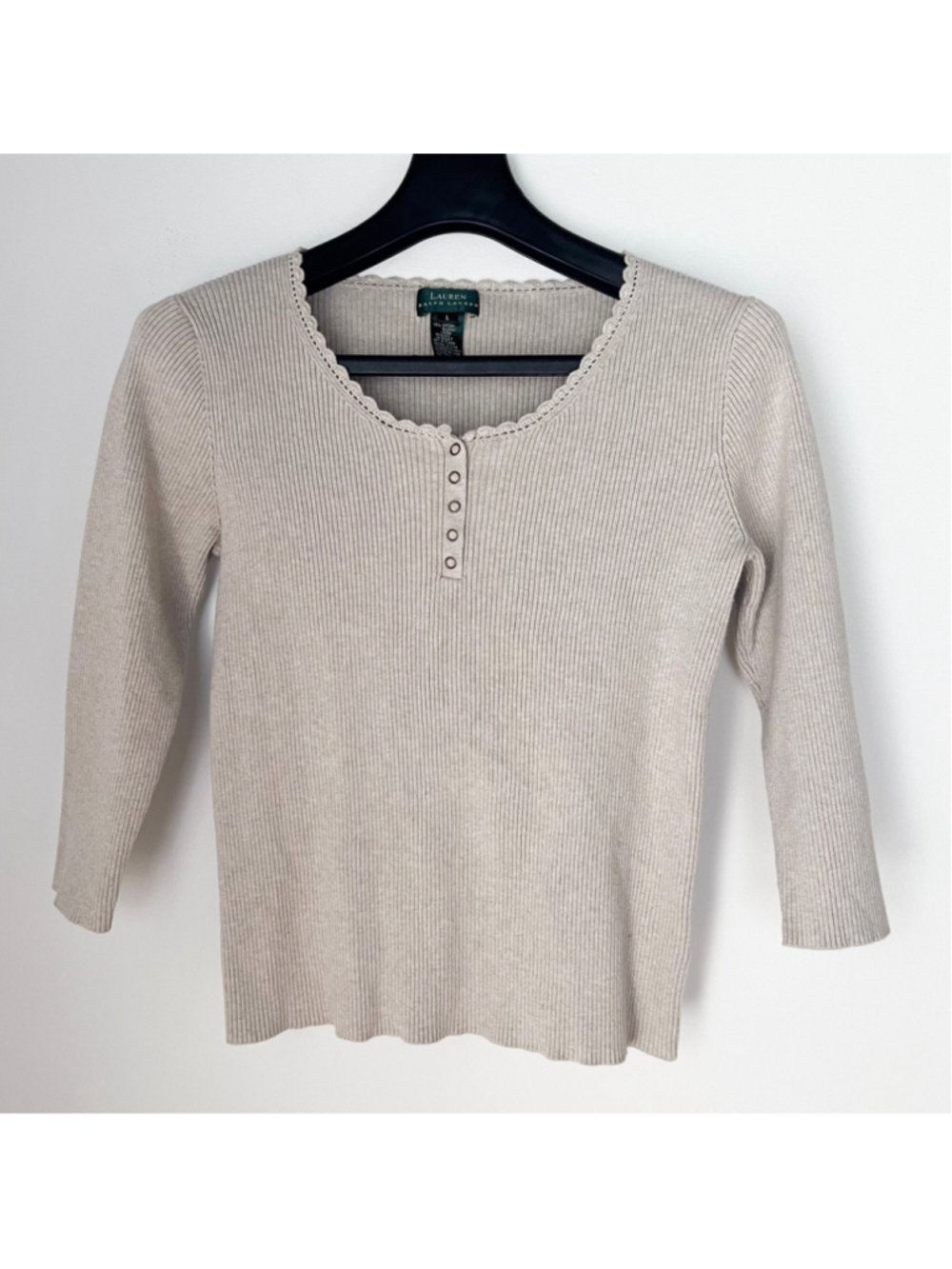 Lauren Ralph Lauren beige ribbed cotton henley sweater L Y2K 90s Preppy Classic
